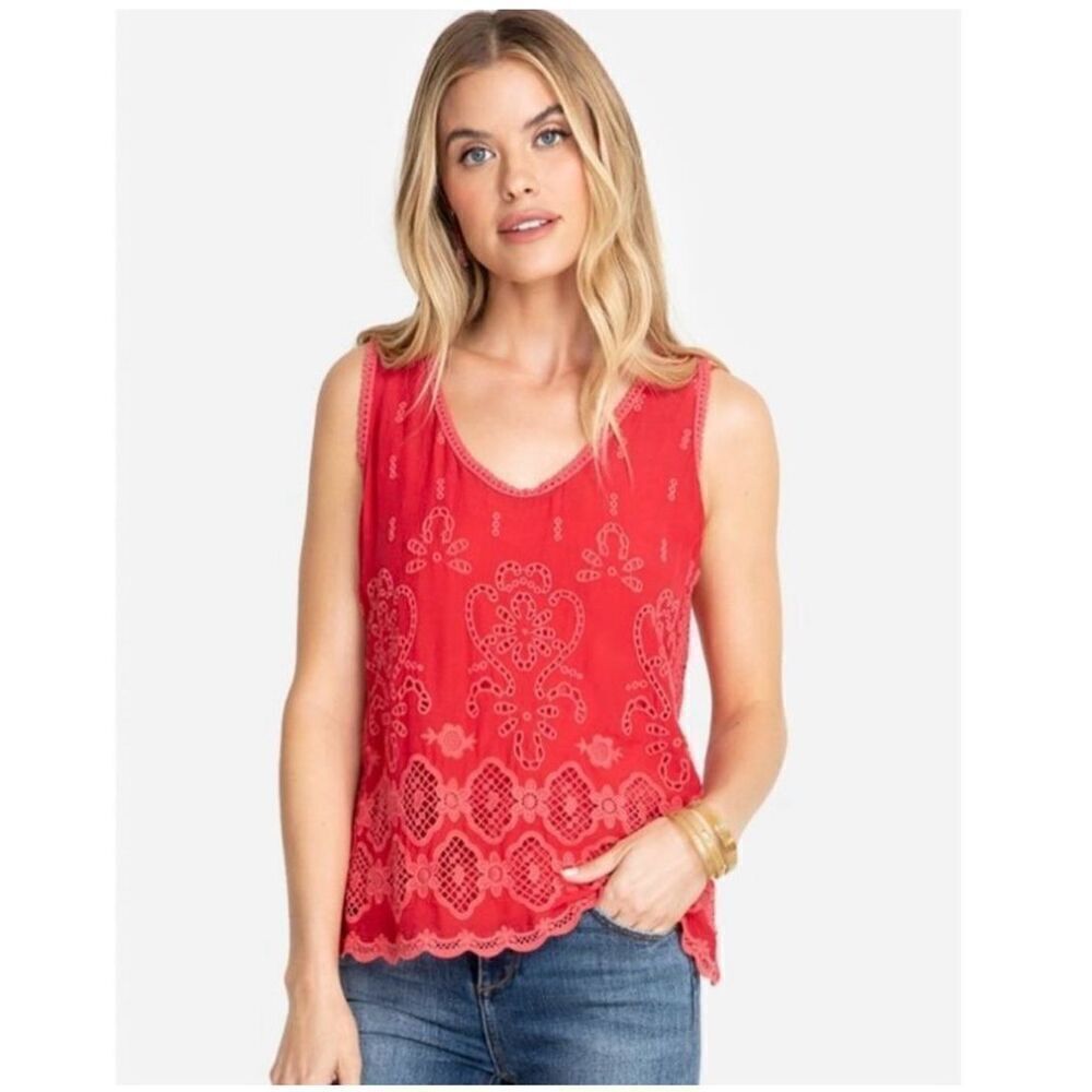 Johnny Was Women’s Luanna Red Eyelet Scoop Neck Tank Blouse